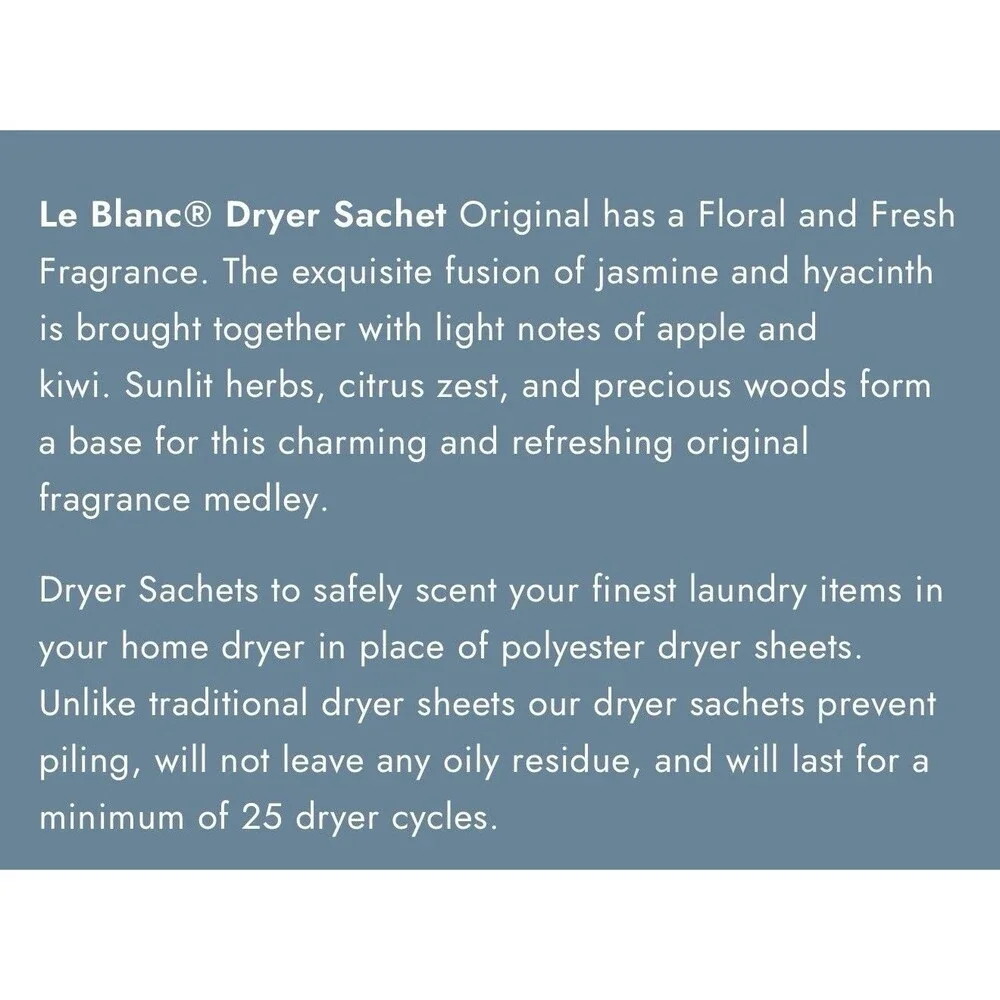 Le Blanc Single Pack Dryer Sachet Original Scent Yves Delorme Paris Made In USA